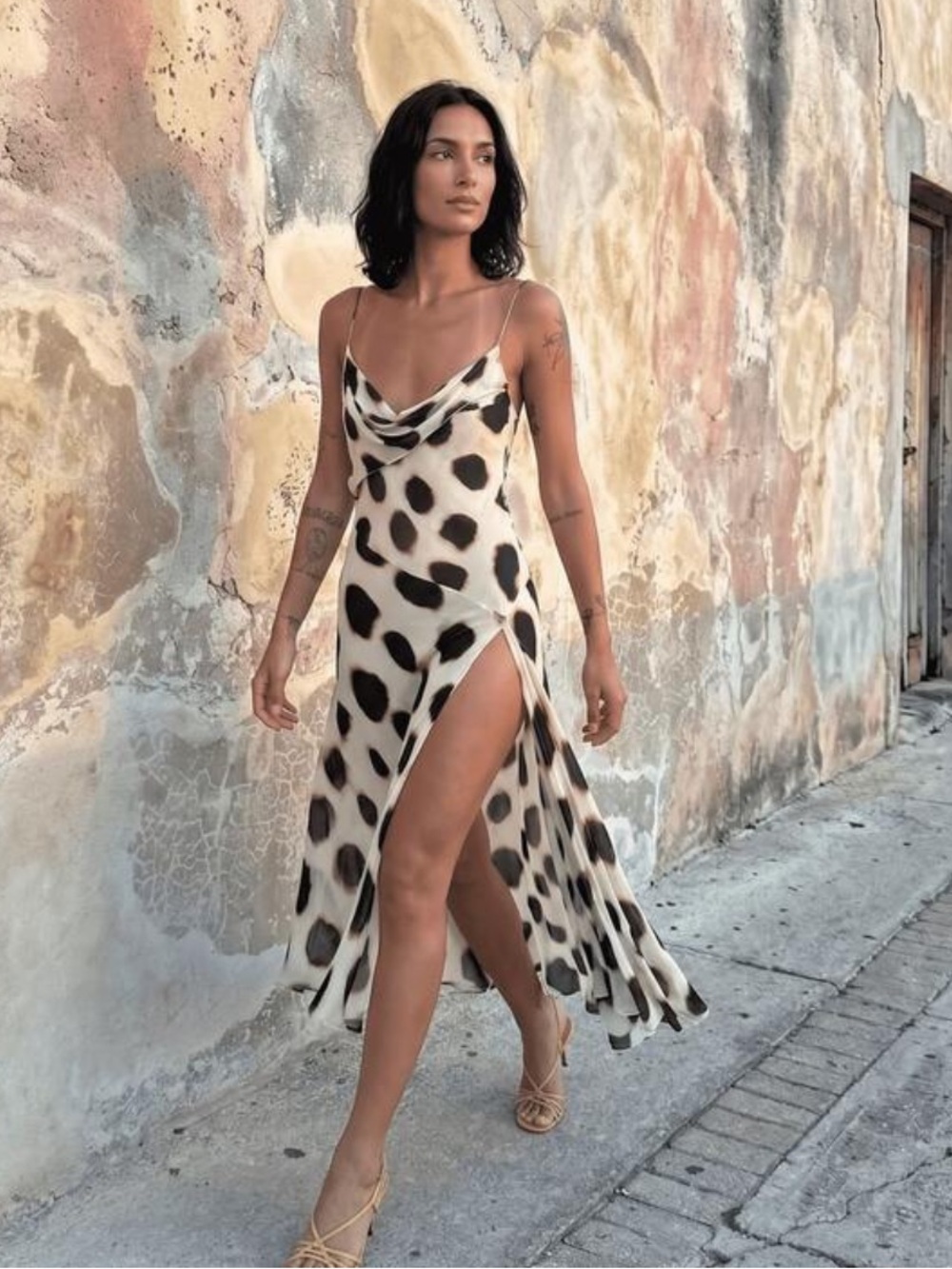 SHEIN Cream Slip Maxi Dress with Black Spot Print